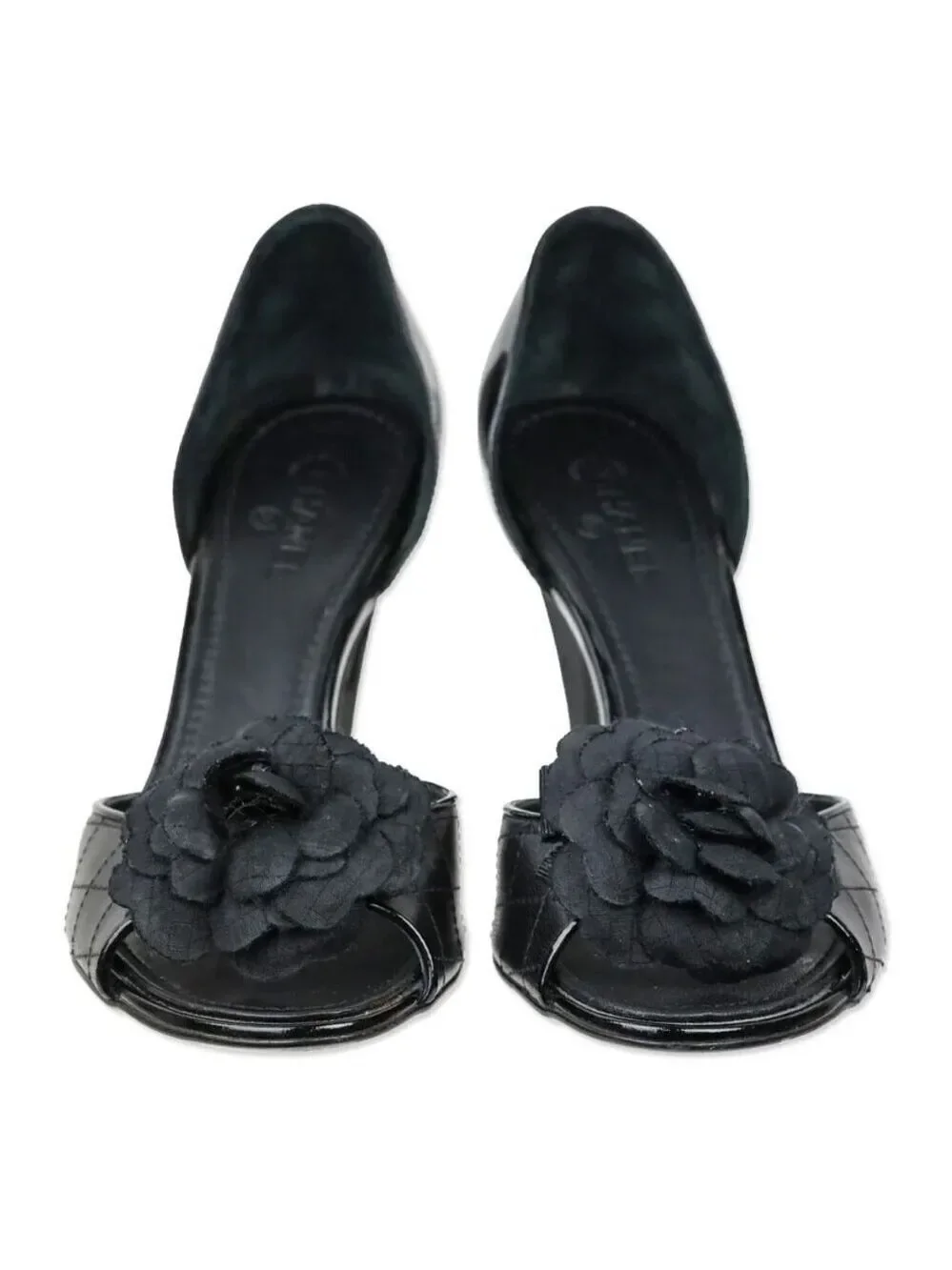 Chanel Black Quilted D'Orsay Peep Toe Flower Pumps EU 37.5 MSRP $1,195